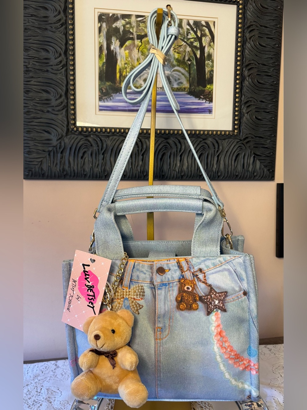 Betsey Johnson Light Blue Denim Mini Tote with Teddy Charm